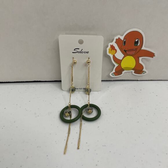 NWT Lot Of 2 Earrings Piercing Dangling Green Circles Gold Pattern - Picture 1 of 11